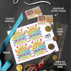 May include: A teacher appreciation gift idea with a printable "I won the Jackpot with you for my teacher!" tag, a clear goodie bag, chocolate foil-wrapped coins, a blue ribbon, scissors, and a bag filler.