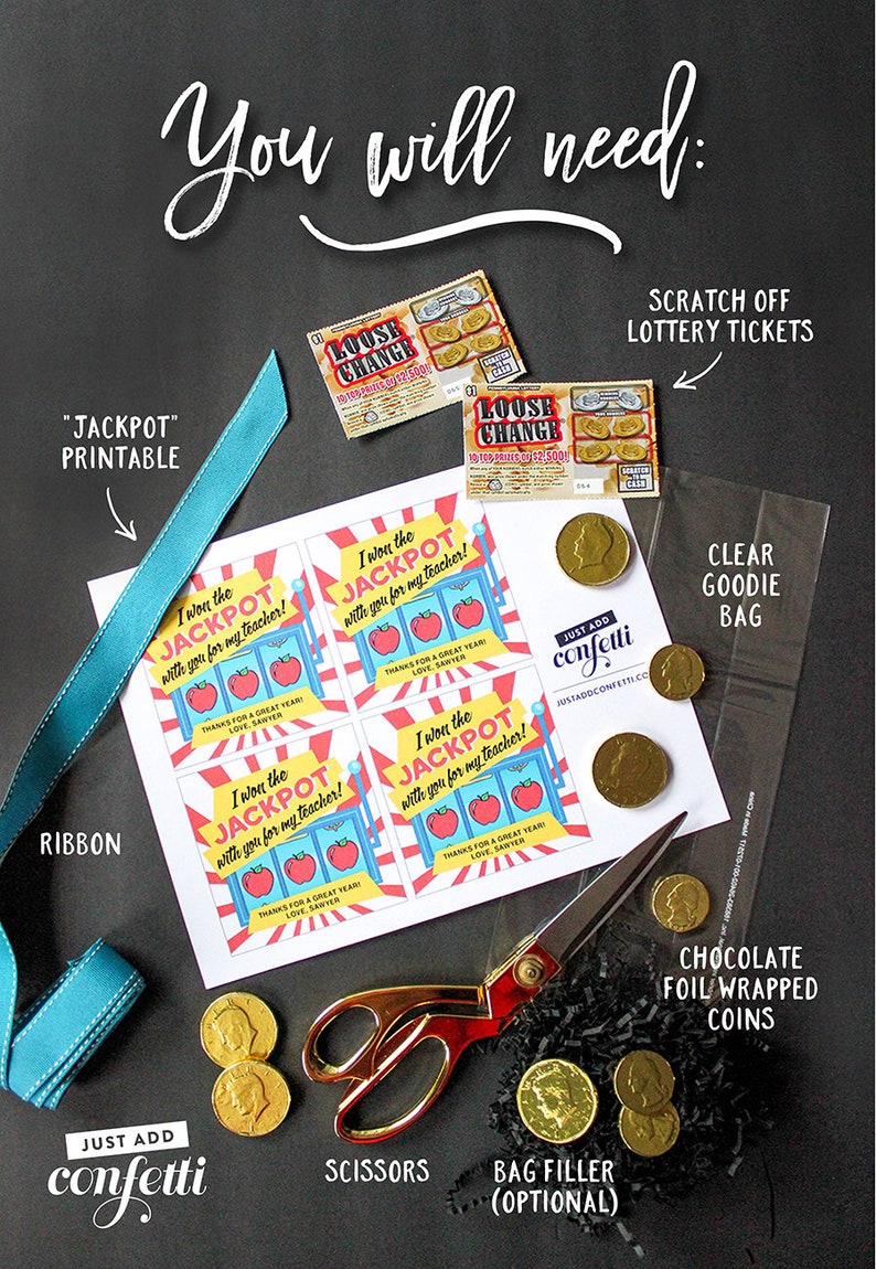 May include: A teacher appreciation gift idea with a printable "I won the Jackpot with you for my teacher!" tag, a clear goodie bag, chocolate foil-wrapped coins, a blue ribbon, scissors, and a bag filler.