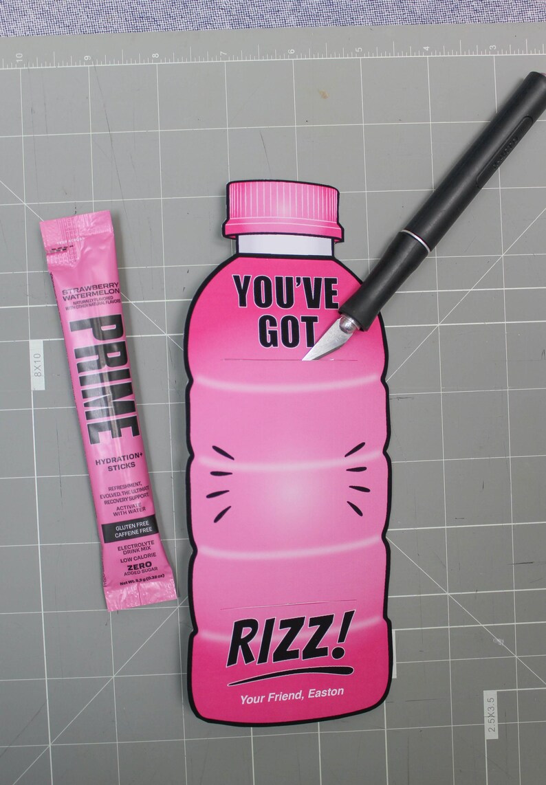 May include: A pink and black printable card shaped like a sports drink bottle with the text "You've Got Rizz! Your Friend, Easton".