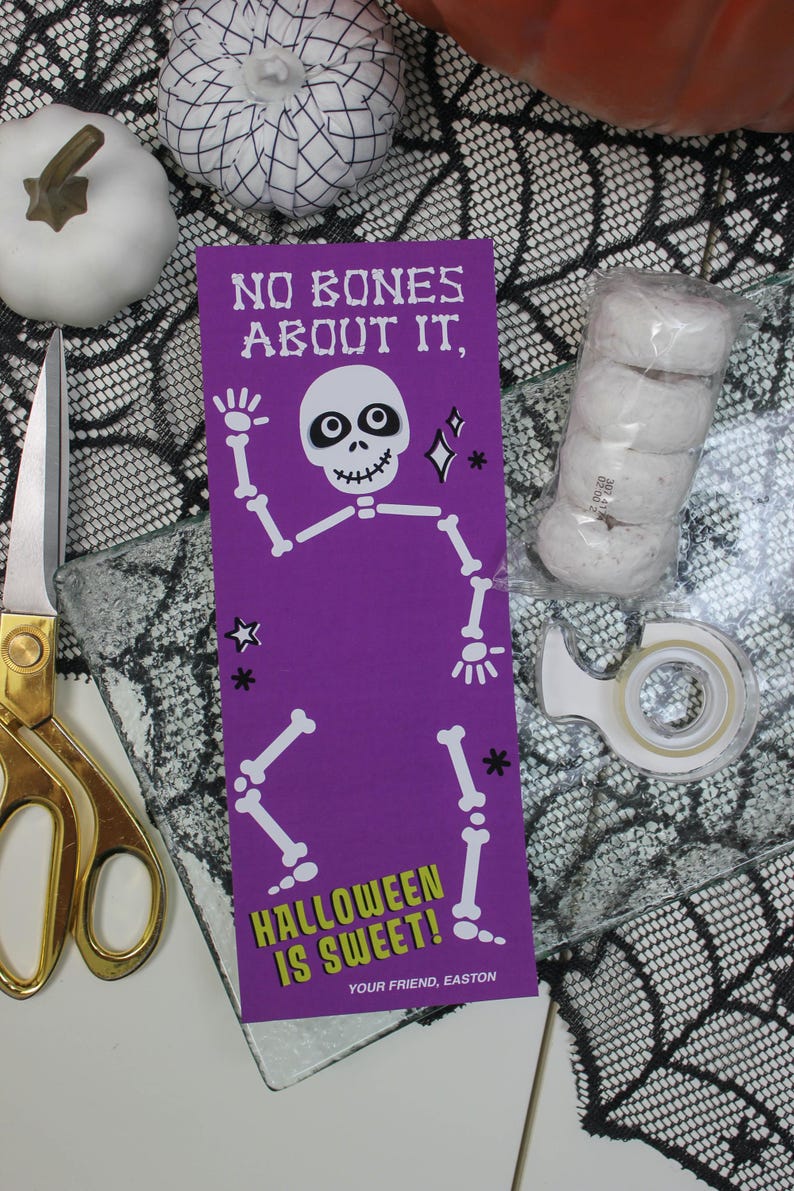 May include: Purple card with a skeleton illustration and the text "No bones about it, Halloween is sweet!"  Your friend, Easton.