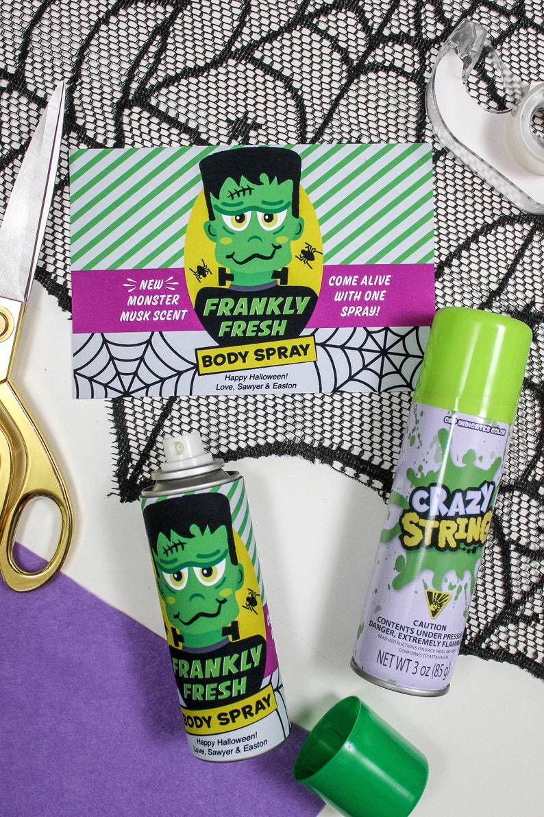 May include: Two green and white spray bottles with monster-themed labels. One bottle says "Frankly Fresh Body Spray" and the other says "Crazy String".