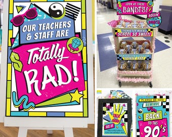 Retro 90s Theme Teacher Appreciation Printable Pack BUNDLE, Teacher and Staff Appreciation, PTO PTA Lunch, Week Itinerary, Just Add Confetti