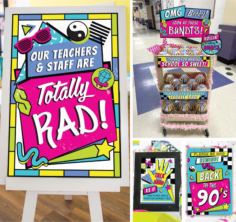 Retro 90s Theme Teacher Appreciation Printable Pack BUNDLE, Teacher and ...