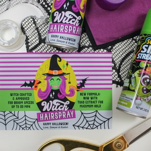 May include: A green and purple Halloween-themed hairspray can with a witch illustration and the text "Witch Hairspray! Happy Halloween! Love, Sawyer & Easton".