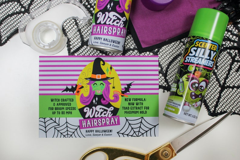 May include: A green and purple Halloween-themed hairspray can with a witch illustration and the text "Witch Hairspray! Happy Halloween! Love, Sawyer & Easton".