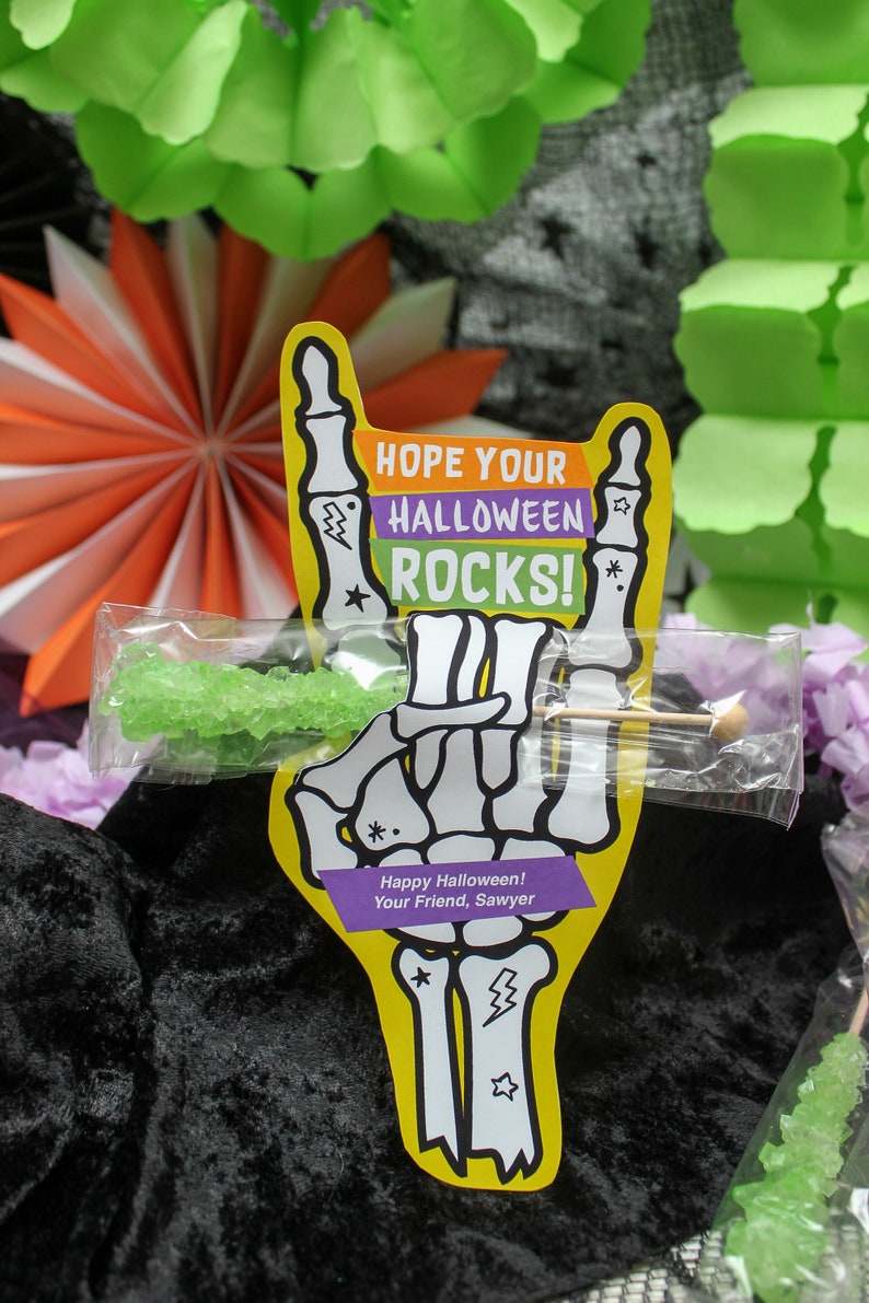 Rocker Skeleton Hand Halloween Printable, rock candy Halloween treat, rock on, Halloween treat tag, Just Add Confetti, INSTANT DOWNLOAD image 2