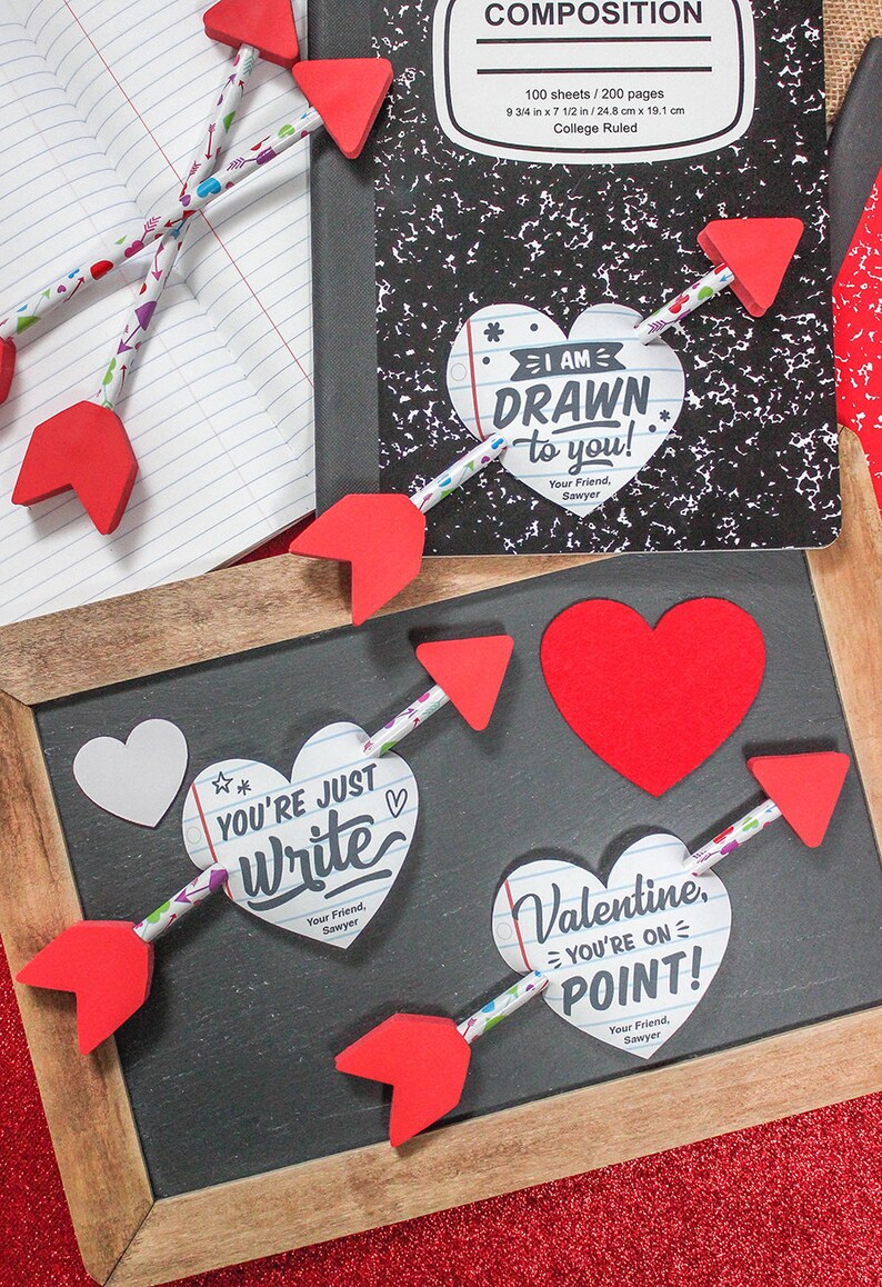 Notebook Hearts Valentine Printable, kids valentines, classroom valentine, school valentine, pencil, Just Add Confetti, Instant Download image 2