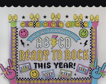 ABCD Ready to Rock This Year, Back to School Bulletin Board Printables, Classroom Decor, Groovy Retro Back to School, Just Add Confetti