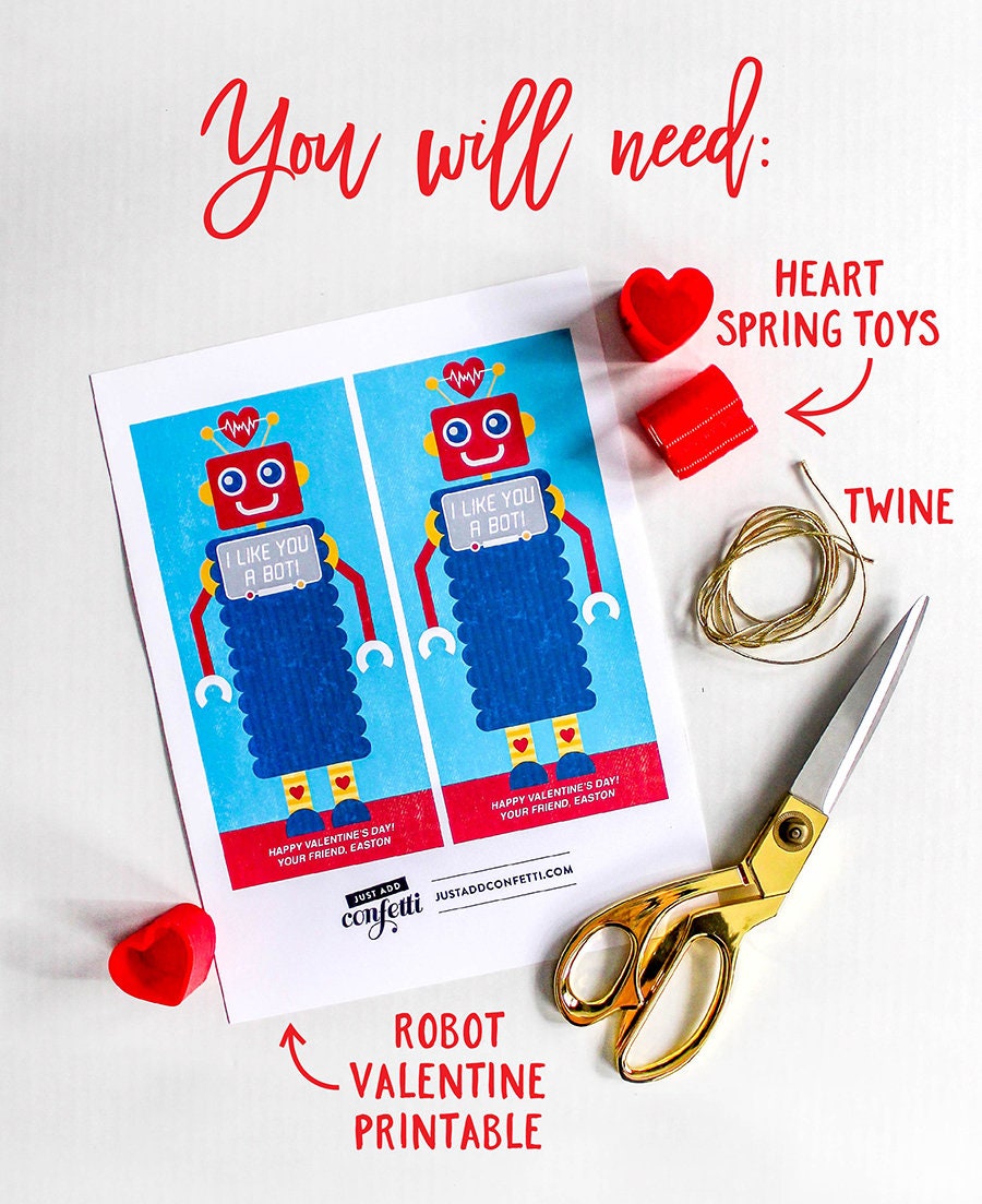 Robot kids valentine, slinky valentine, robot, school valentine, classroom valentine, printable, Just Add Confetti - INSTANT DOWNLOAD