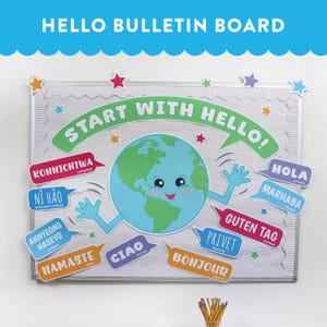 Puede incluir: Un tablón de anuncios rectangular con un globo terráqueo de dibujos animados con brazos y cara. El texto START WITH HELLO aparece en un arco verde. Alrededor del globo hay burbujas de diálogo coloridas con saludos en varios idiomas.