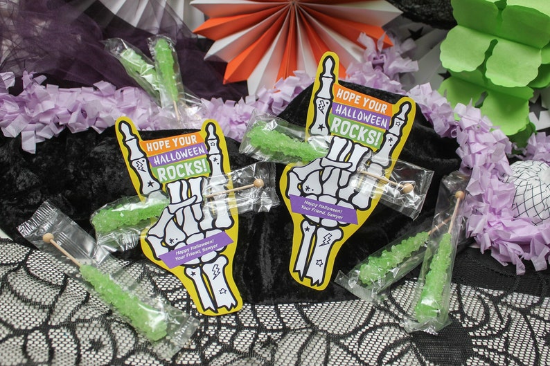 Rocker Skeleton Hand Halloween Printable, rock candy Halloween treat, rock on, Halloween treat tag, Just Add Confetti, INSTANT DOWNLOAD image 1