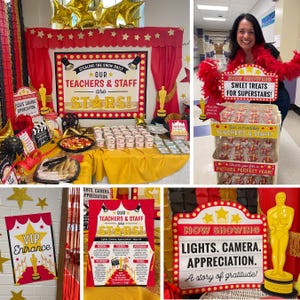 Puede incluir: Un evento temático de cine con una decoración roja y dorada. Incluye globos con forma de estrella, un telón de fondo con texto y estatuas doradas de los Oscar. Las mesas están llenas de comida y dulces.