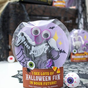 May include: A purple and white Halloween party favor bag with a skeleton horse, googly eyes, and a spider. The bag has a tag that says "I see lots of Halloween fun in your future! Happy Halloween! Love, The McKowns".