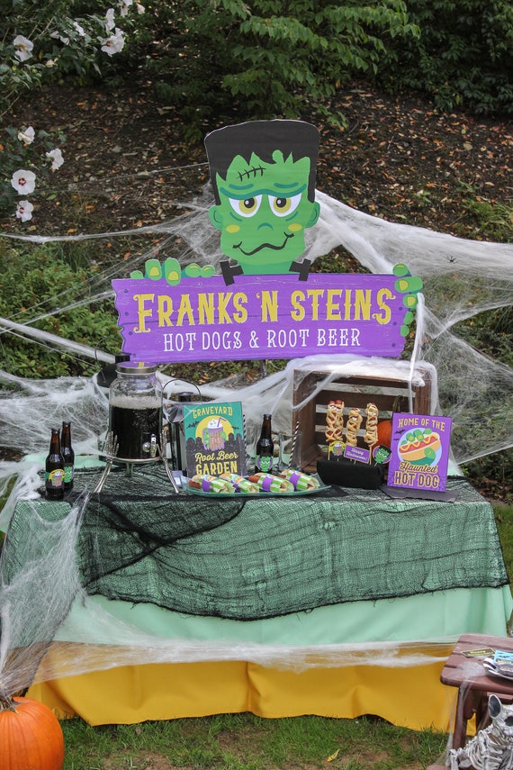 Franks & Steins, Halloween Frankenstein party printables, hot dogs, root beer party, Halloween dinner, instant download, Just Add Confetti Il_570xn