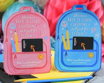 Back to School Backpack Gift Card Holder Printable, Back to School Gift, Teacher Gift, Back to School Shopping Gift Tag, Just Add Confetti
