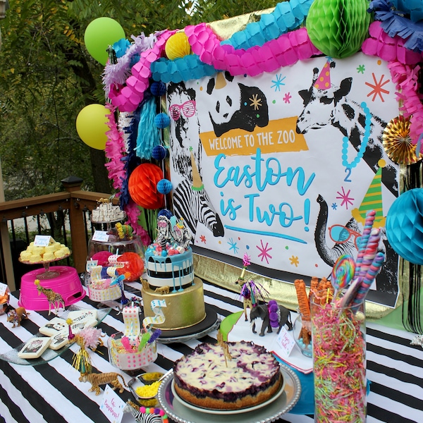 Party Animal zoo party backdrop - printable file, lion, zebra, elephant, giraffe, birthday party, table backdrop, dessert table, party decor