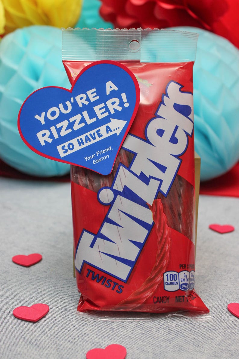 May include: A red bag of Twizzlers twists candy with a blue heart-shaped sticker that says "You're a rizzler! So have a..." and "Your Friend, Easton".