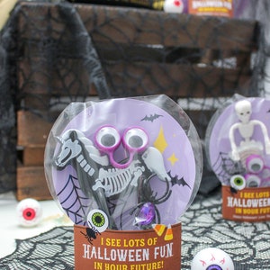 May include: A purple and black Halloween party favor bag with a skeleton unicorn toy, googly eyes, and a spider. The bag has a brown label that says "I see lots of Halloween fun in your future! Happy Halloween! Love, The McKowns".
