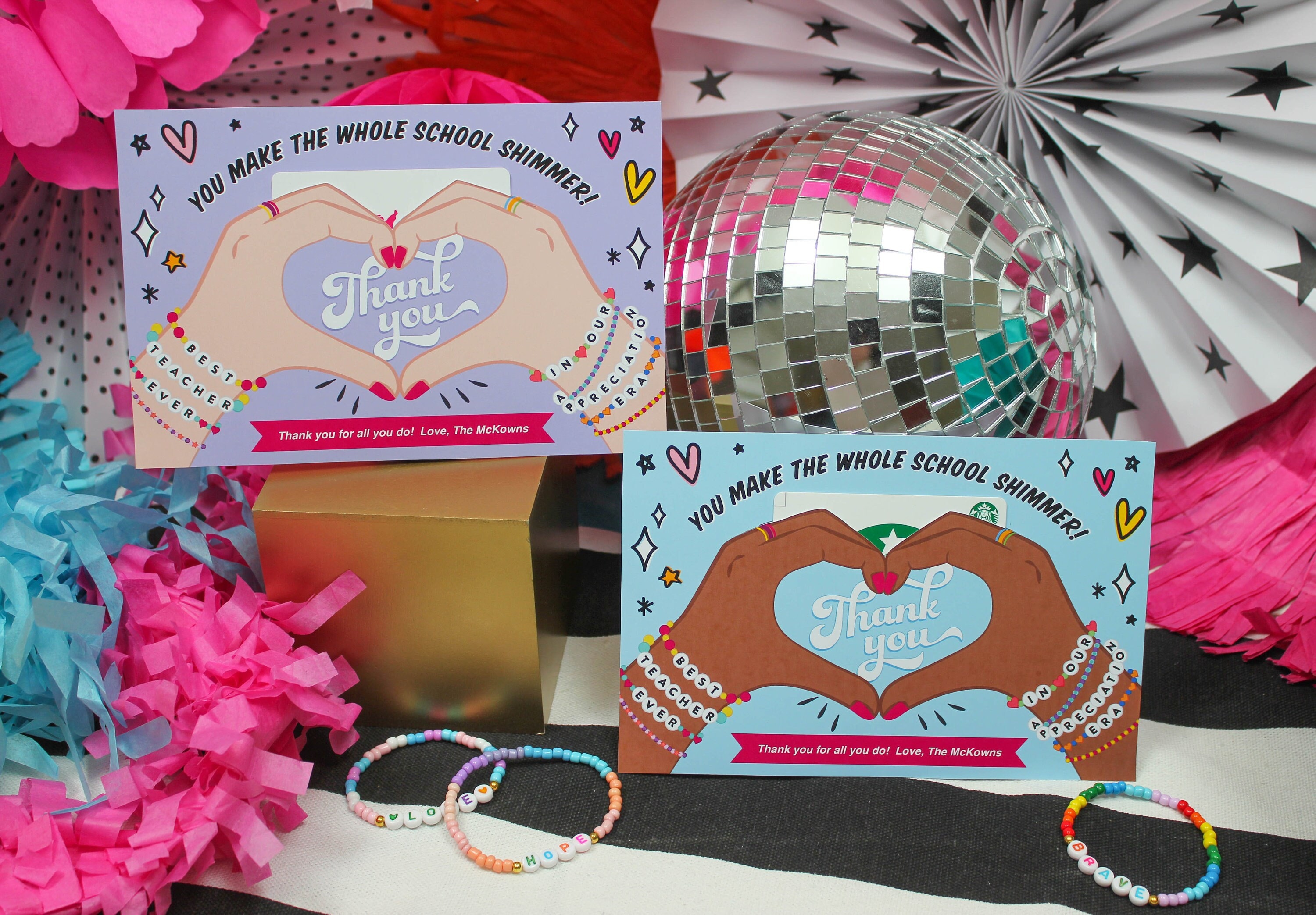 Whole School Shimmer Teacher Gift Card Holder Printable, heart hands, in my teacher era, in our teacher appreciation era, Just Add Confetti