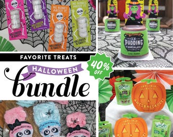 Halloween Treats Printable BUNDLE, Donut Skeleton Printables, Witch Pudding Cup, Cotton Candy Skeleton, Applesauce, Just Add Confetti