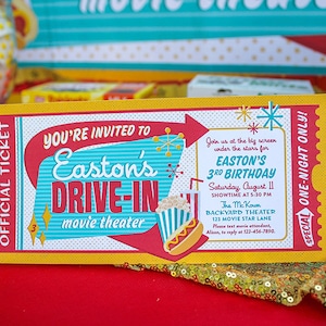 Retro Drive-In Movie Birthday Party Printable Invitation - PDF printable - outdoor movie party, movie night, drive-in birthday invitation