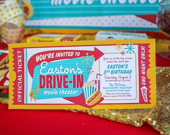 Retro Drive-In Movie Birthday Party Printable Invitation - PDF printable - outdoor movie party, movie night, drive-in birthday invitation
