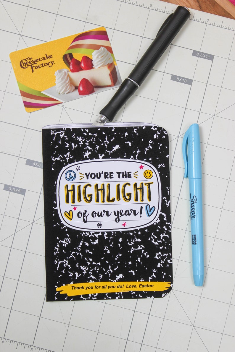 Notebook Highlight Notebook and Highlighter Printable, Gift Card Holder Printable, Teacher ...
