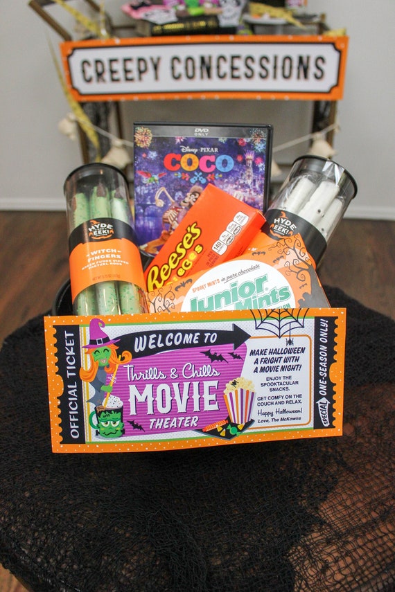 Halloween Movie Gift Basket Printable, Thrills & Chills Movie Theater, Halloween gift, family movie night, family gift, Just Add Confetti