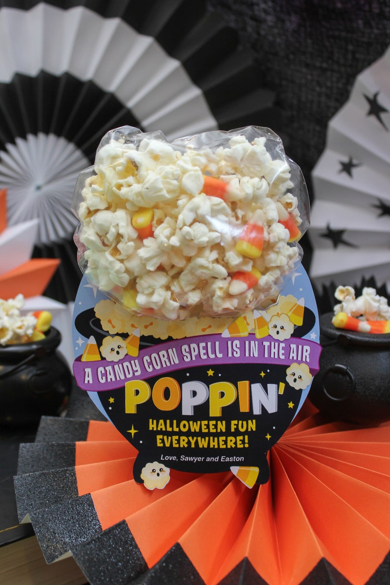 Popcorn Halloween Treat printable, Halloween treat bag tag, kids Halloween party favor, candy corn, Just Add Confetti INSTANT DOWNLOAD image 2