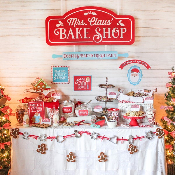 Mrs. Claus' Bake Shop Cookie Exchange decor printables, Christmas party, Christmas cookie exchange, Christmas cookies, party decor