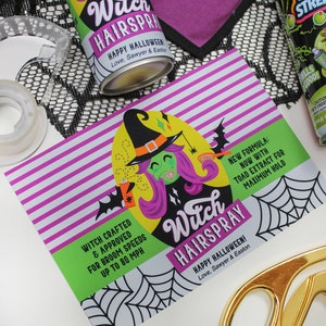 May include: A printable Halloween party favor tag featuring a cartoon witch with green skin and purple hair. The tag says "Witch Hairspray" and "Happy Halloween! Love, Sawyer & Easton". The tag is decorated with a spider web and bats.