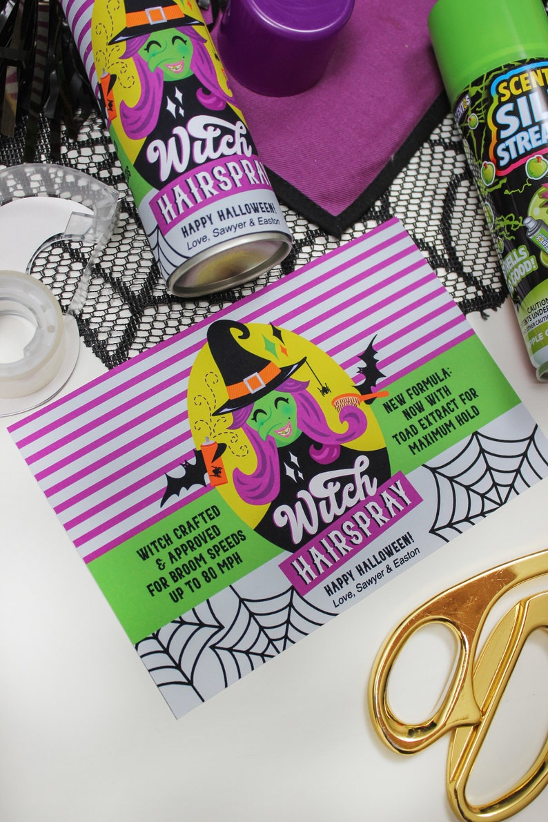 May include: A printable Halloween party favor tag featuring a cartoon witch with green skin and purple hair. The tag says "Witch Hairspray" and "Happy Halloween! Love, Sawyer & Easton". The tag is decorated with a spider web and bats.