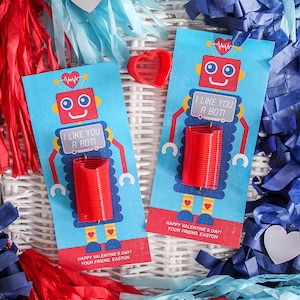 Robot kids valentine, slinky valentine, robot, school valentine, classroom valentine, printable, Just Add Confetti - INSTANT DOWNLOAD