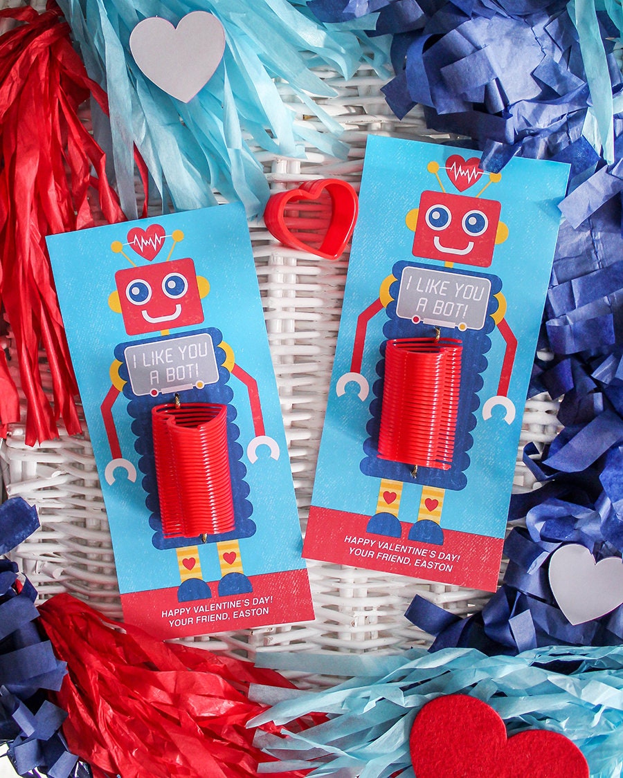 Robot kids valentine, slinky valentine, robot, school valentine, classroom valentine, printable, Just Add Confetti - INSTANT DOWNLOAD