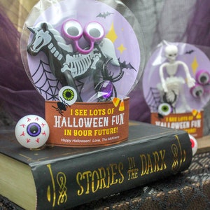 May include: A Halloween-themed goodie bag with a purple and white skeleton horse, googly eyes, and a spider. The bag is sitting on a book titled "Stories in the Dark". The bag has a tag that reads "I see lots of Halloween fun in your future! Happy Halloween! Love, The McKowns"