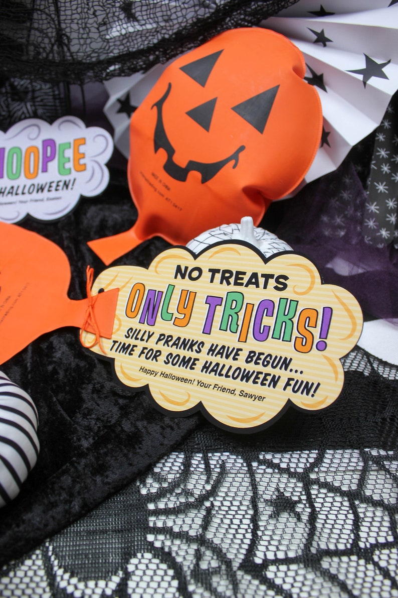 May include: A Halloween trick-or-treat sign with the text "No Treats Only Tricks! Silly Pranks Have Begun... Time For Some Halloween Fun! Happy Halloween! Your Friend, Sawyer" in a speech bubble shape with orange, yellow, green, and purple text on a brown background.