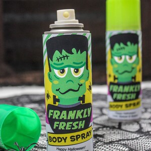May include: Two green and yellow spray bottles with a Frankenstein monster graphic and the text "Frankly Fresh Body Spray" and "Happy Halloween! Love, Sawyer & Easton".
