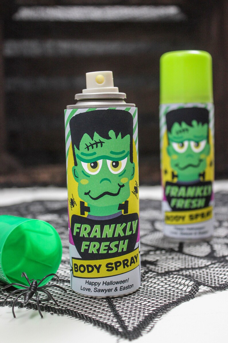 May include: Two green and yellow spray bottles with a Frankenstein monster graphic and the text "Frankly Fresh Body Spray" and "Happy Halloween! Love, Sawyer & Easton".