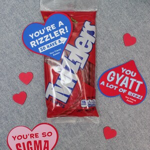 May include: A bag of red Twizzlers candy with three heart-shaped cards. The cards are blue, pink, and red with white text. The blue card says "You're a rizzler! So have a..." The pink card says "You're so sigma." The red card says "You gyatt a lot of rizz!" Each card has the text "Your friend, Easton".