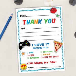 Videospiel und Pizza Danke zum Ausdrucken, Dankeskarten für Kinder, Füllen Sie die leere Dankeskarte aus, Danke, fügen Sie einfach Konfetti hinzu