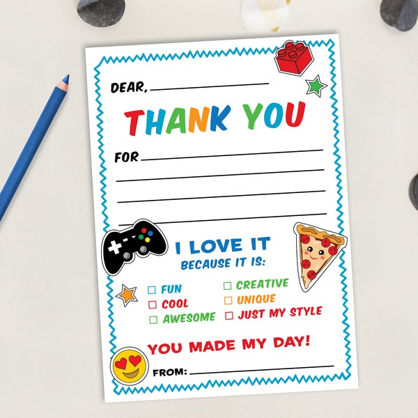 Video Game and Pizza Thank You Printable, Thank You Cards for Kids, Fill in the Blank Thank You Card, Thank You, Just Add Confetti