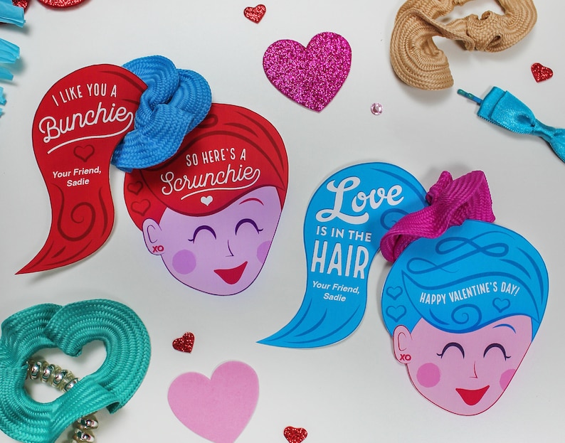 Scrunchie Valentine Printable - Kids Valentine, school valentine, girl valentine, classroom valentine, Just Add Confetti - INSTANT DOWNLOAD 