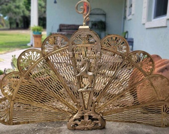 Vintage Brass Unicorn Peacock Fireplace Screen