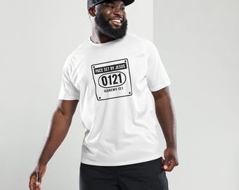 Pace Set By Jesus Race-Bib Running Jersey | Christian 5K/Marathon Shirt | Hebrews 12:1 | Unisex Breathable Mesh Performance Tee