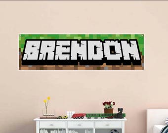 Personalized Gamer Name Reusable BANNER 15" x 48" - 3D looking Wall Pixel Background - Pixel Party Decor for Miners turns into Room Decor