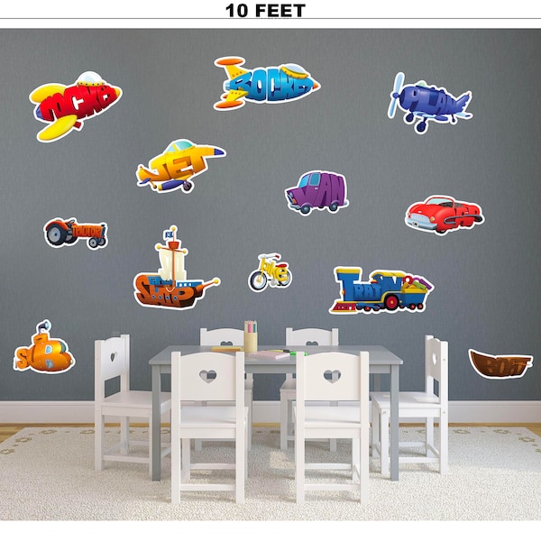 PBS Kids WordWorld Transportation Set Wall Decal Stickers - Includes Plane Jet Train Pirate Ship Tractor Rocket Bike Boat Car Submarine Van