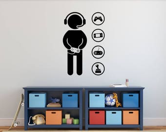 Gamer Silhouette with controllers decal for a Video Gamer Room Wall Decor - 22 inches tall 14.5 inches wide - Die Cut Vinyl Decal Sticker