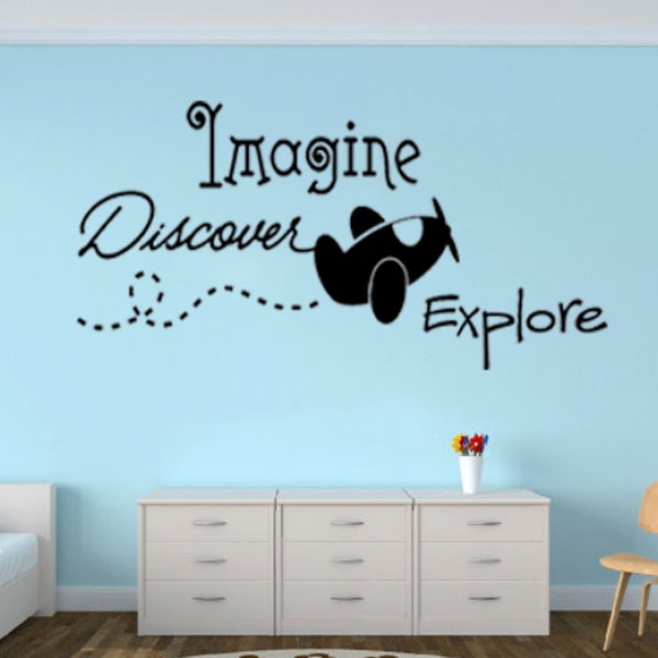 Imagine Discover Explore with Flying Plane Vinyl Wall Sticker Decal Perfect for above bed, crib, in a playroom, toy room, boy nursery #qi