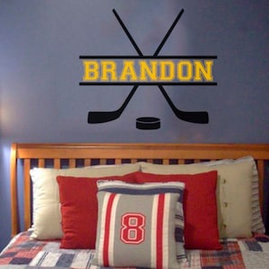 Custom Name added to Hockey Vinyl Wall Decal - Hockey theme - Personalized Removable sticker perfect for above bed - Sports room