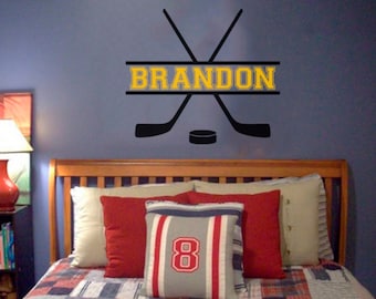 Custom Name added to Hockey Vinyl Wall Decal - Hockey theme - Personalized Removable sticker perfect for above bed - Sports room